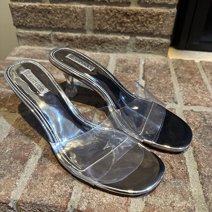 Larroude Womens Vivi Lucite Hi Mule Silver Speccio Size 9.5 Mirror Silver Viny