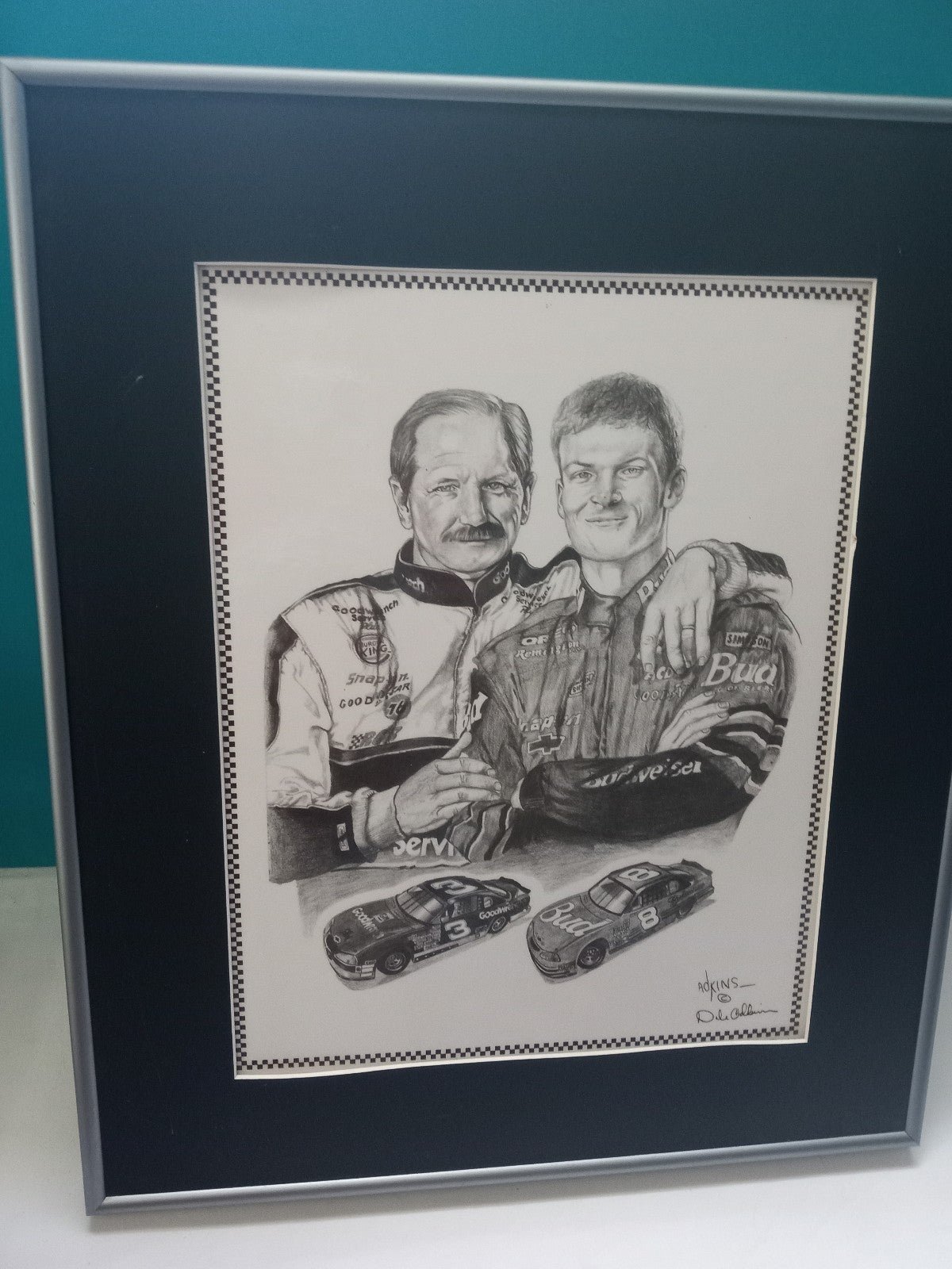 Framed Pencil sketch of Dale Earnhardt Sr. with his son Dale Jr. 19 x 15 1/2