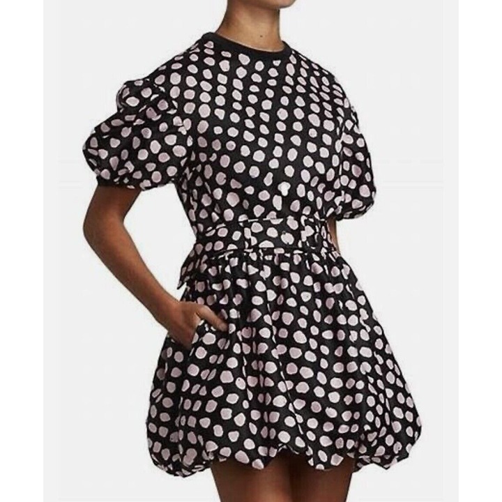 Tanya Taylor Woman’s Sz 16 Black Pink Polka Dot Bubble Dress Puff Sleeves 465