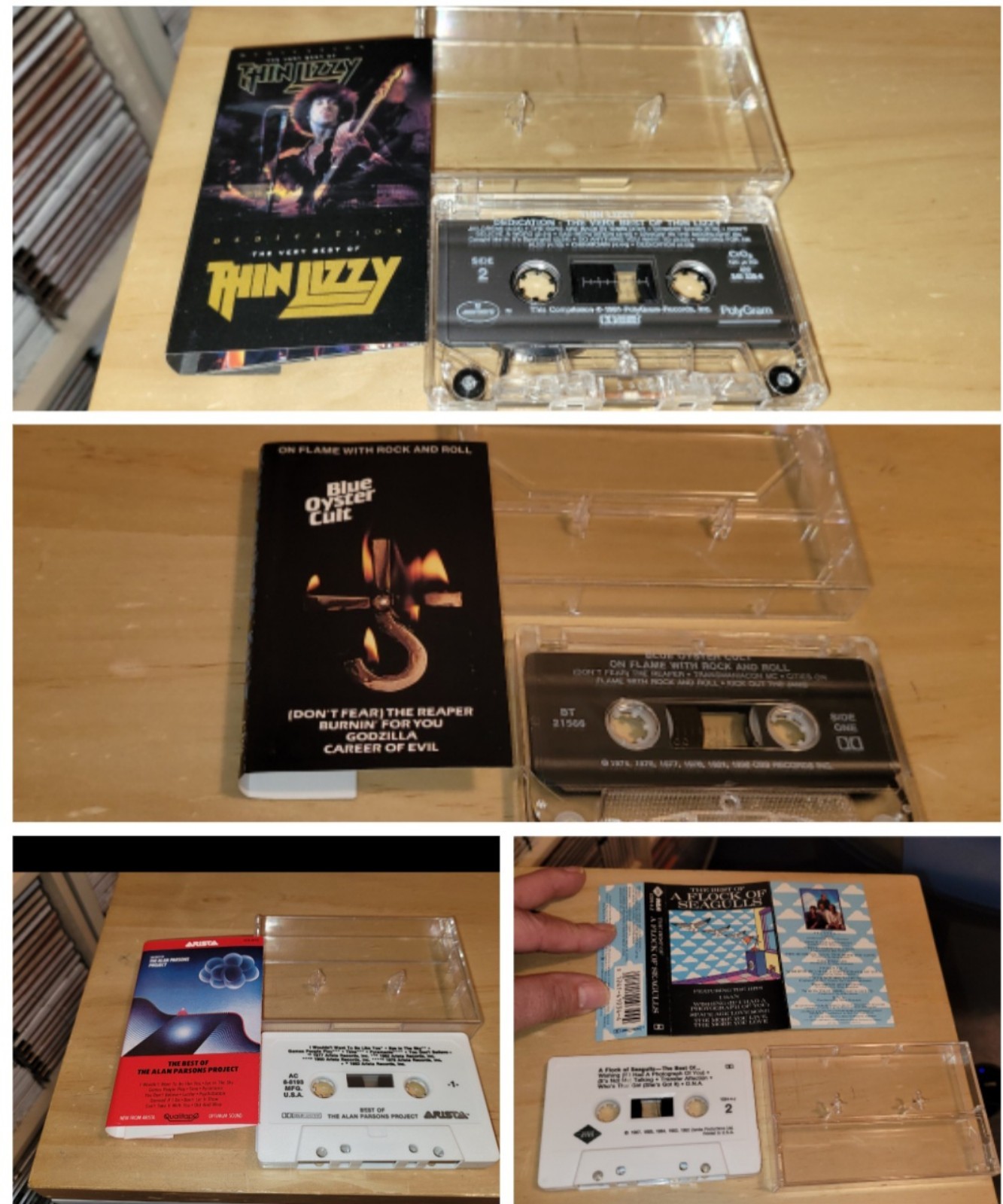 4 cassettes thin lizzy a flock of Seagulls blue oyster cult & Alan Parsons