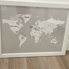 Modern, minimalist WORLD MAP with frame, 20 1/8” x 26”, NEW