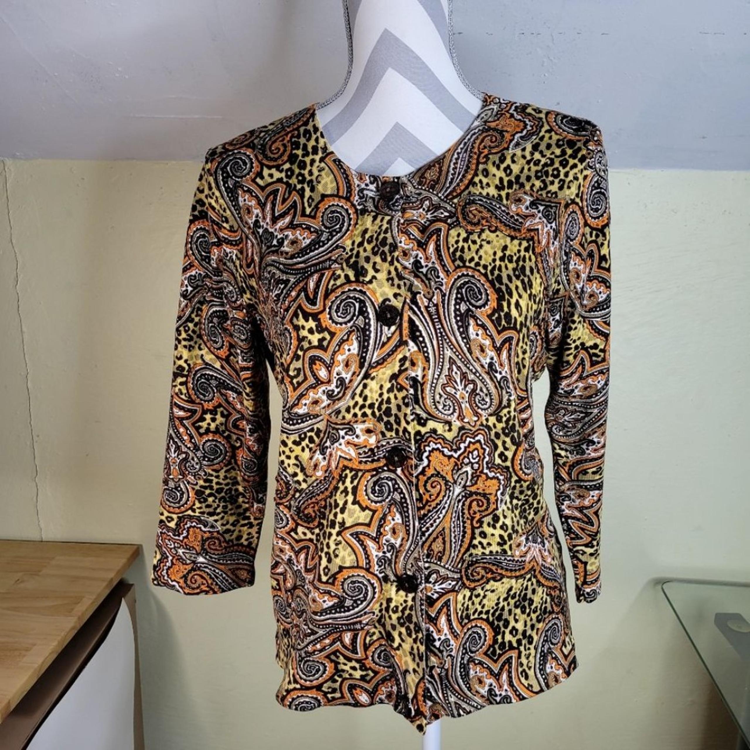 Womans Laura Ashley Knit Button Front 3/4 Sleeve Silk Blend Top Size Small