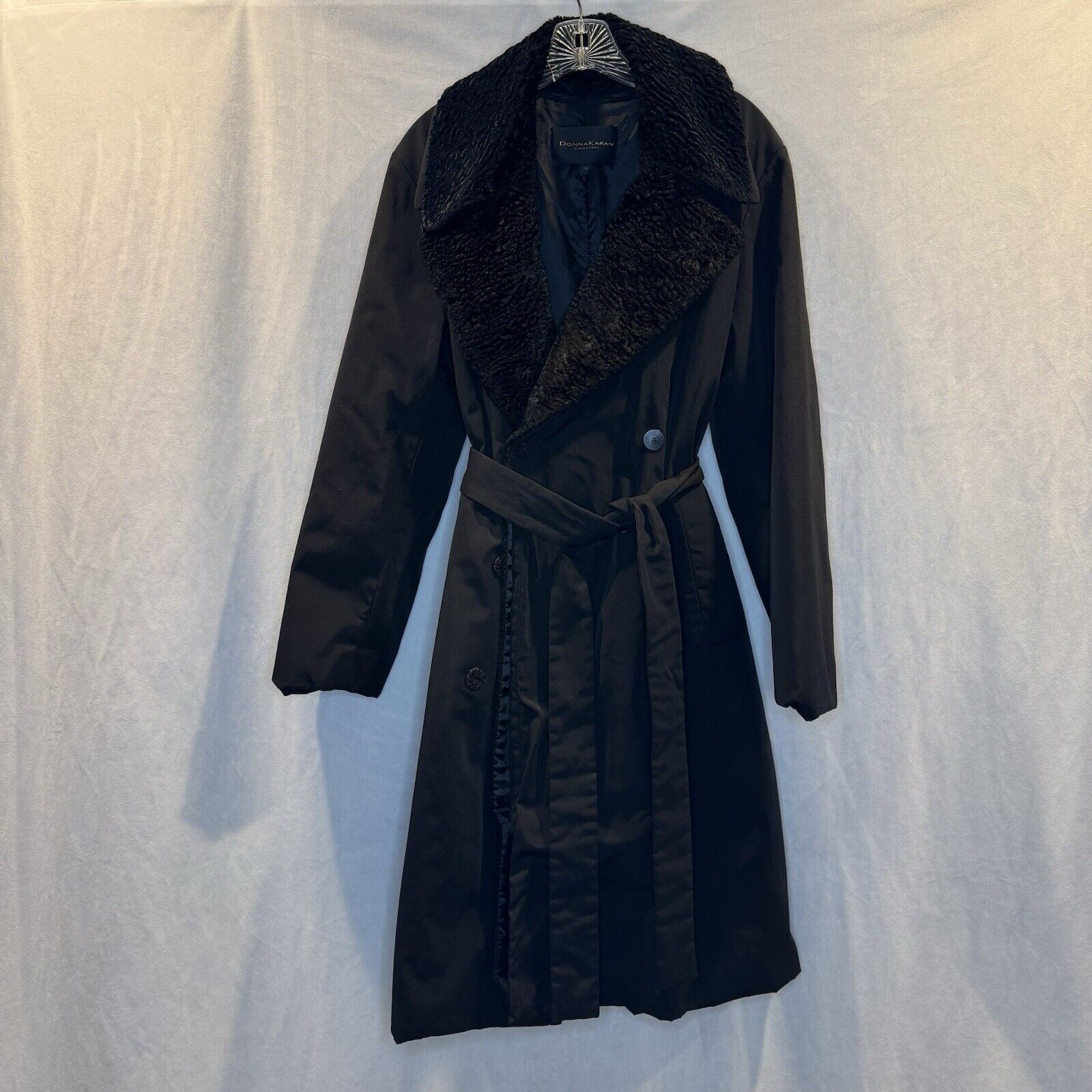 DONNA KARAN Nylon Trench Coat removable Fur Belted Women’s Sz 10 Weatherproof