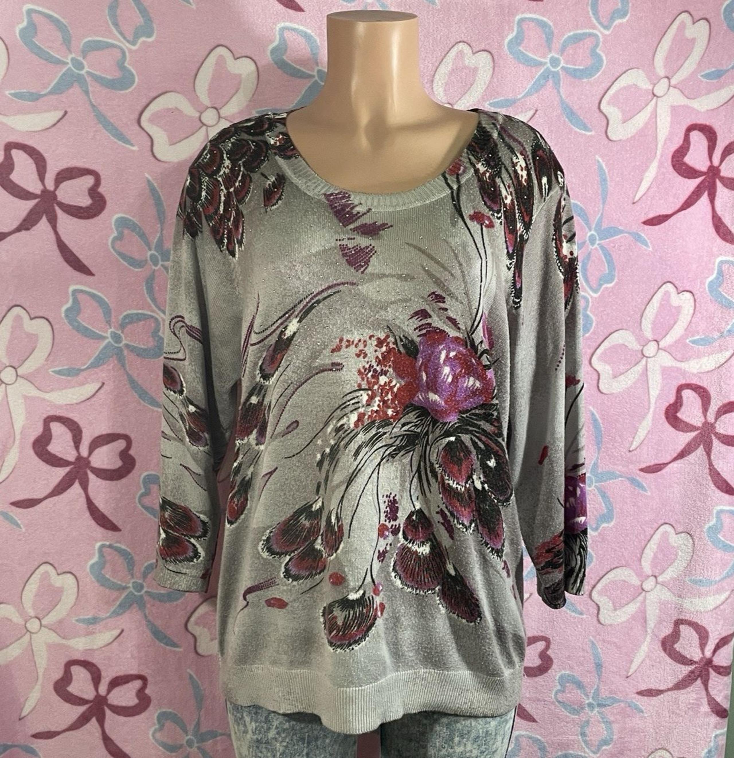 Rebecca Malone Rhinestone Plus Size 1X Floral Print Womens Longsleeve Blouse