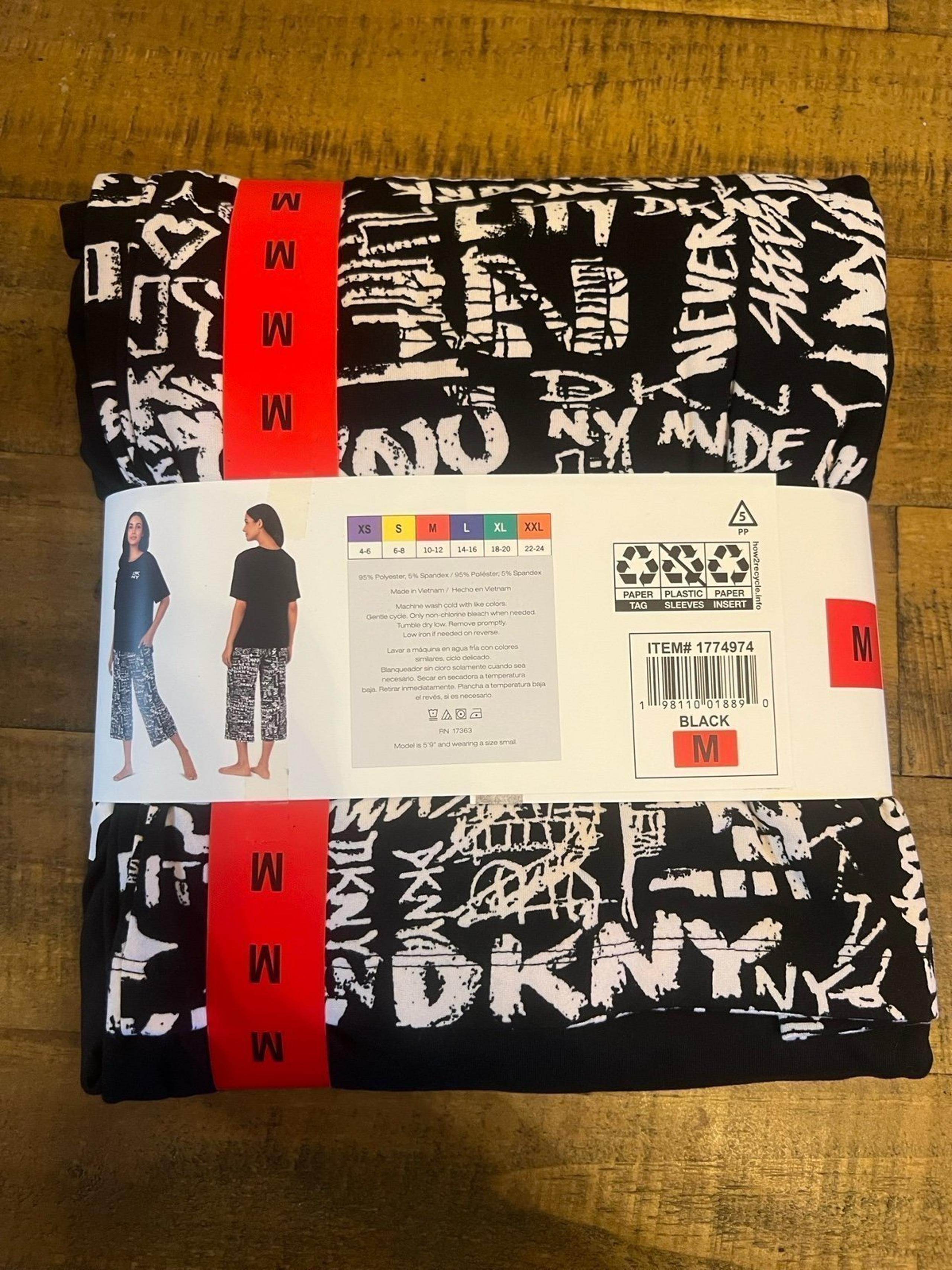New DKNY 2 piece black and white womens pajama set, shirt capris - medium 10/12