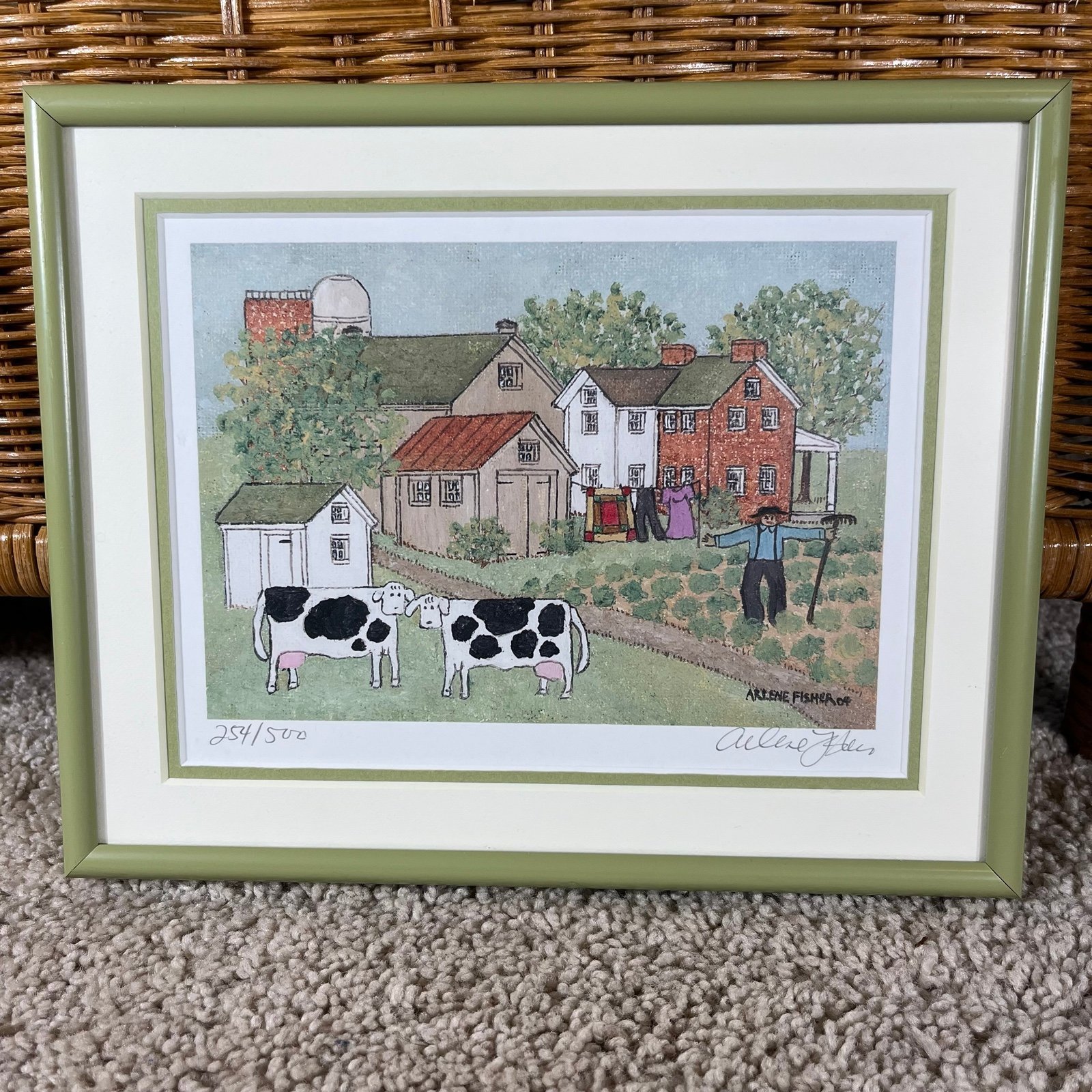 Vintage Arlene Fisher Amish farm folk art print framed signed matted numbered