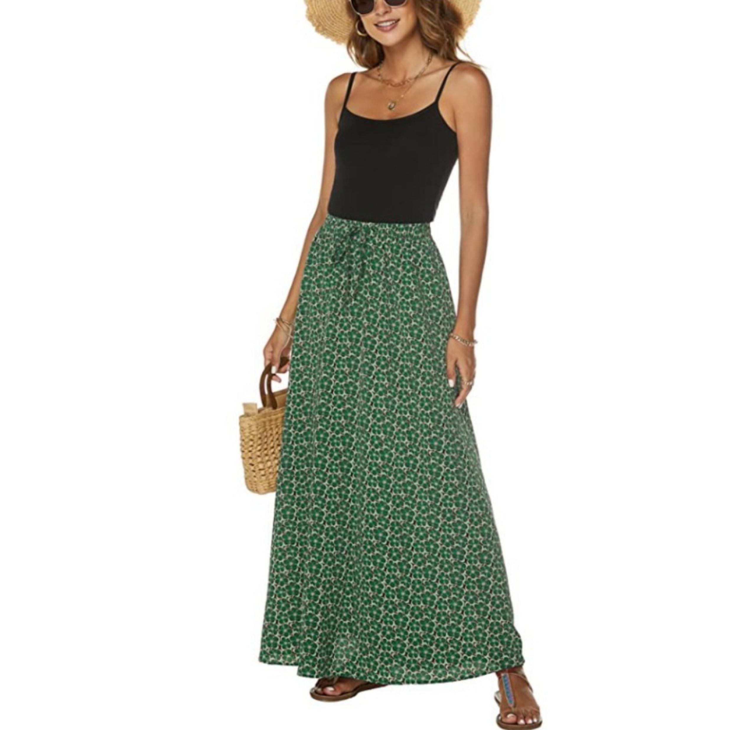 Green Floral Maxi Skirt Stretch Waist Drawstring Bluetime Size Medium