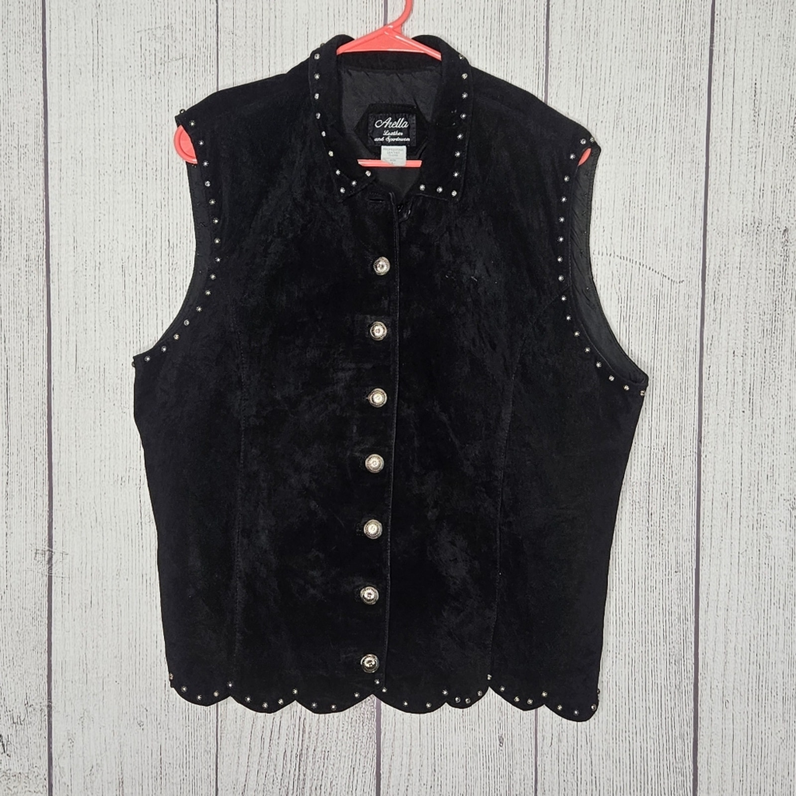 VTG Arella Leather & Sportswear Black Suede Leather Studded Button Up Top, sz L