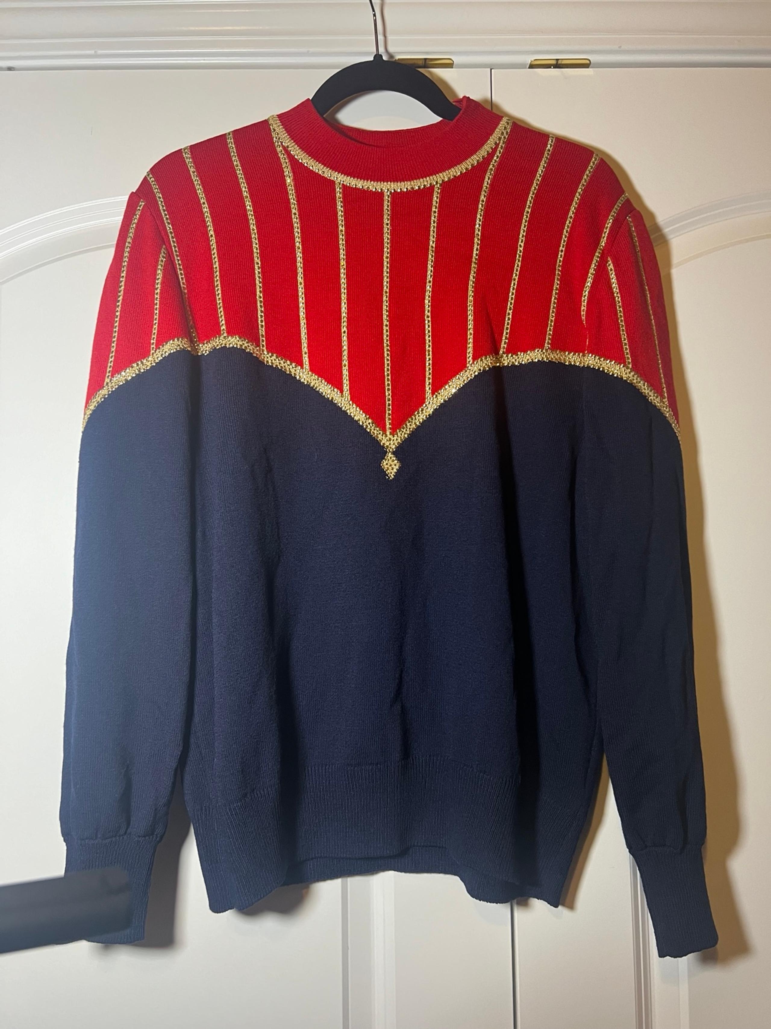 Vintage St. John Evening Santana Knit Mock Neck Sweater Womens Size 10 Red Navy