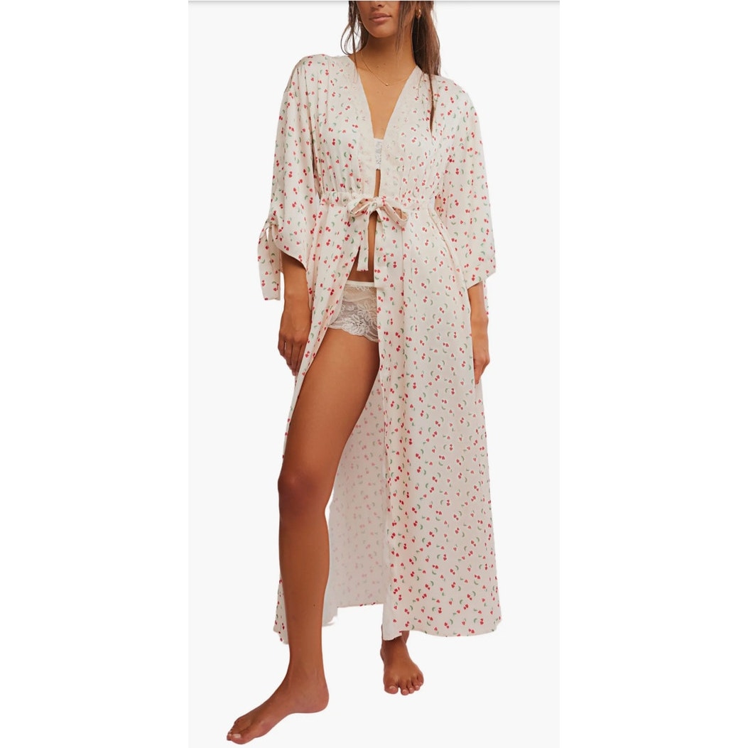 Free People Intimately First Blush Robe Satin Lace Waist Tie Women's Size Small