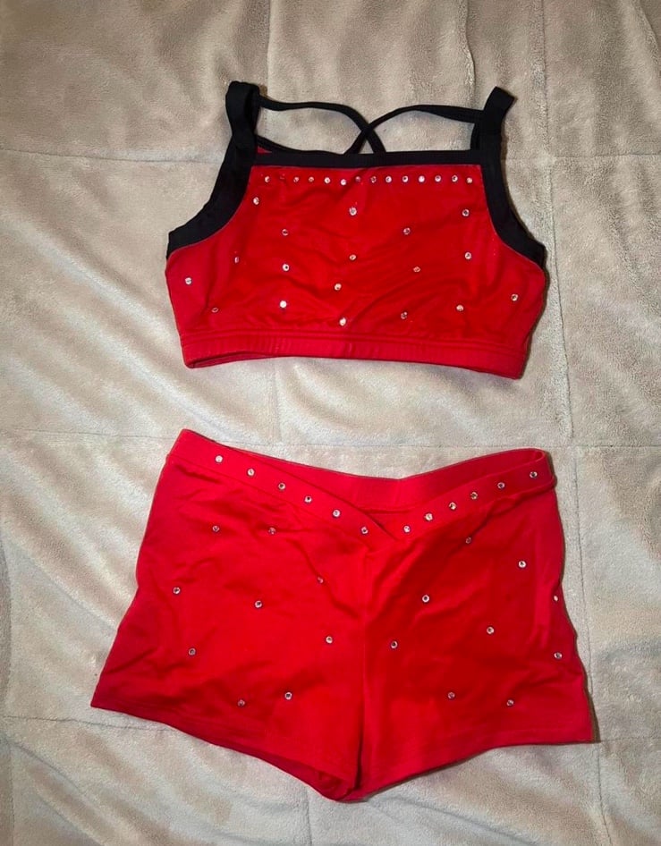 BODY WRAPPERS GIRLS RED & BLACK SPARKLY SPORTS BRA & SHORTS COSTUME