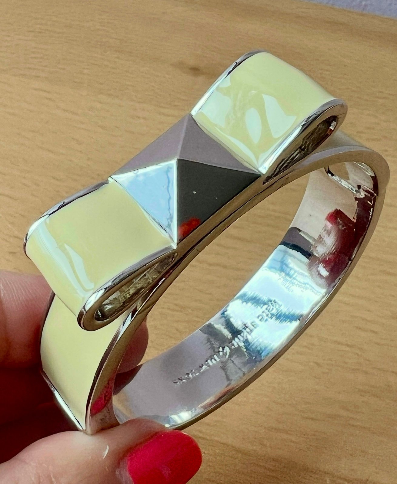 KATE SPADE NEW YORK BUTTER YELLOW ENAMEL BOW DESIGN SILVER WIDE BANGLE BRACELET