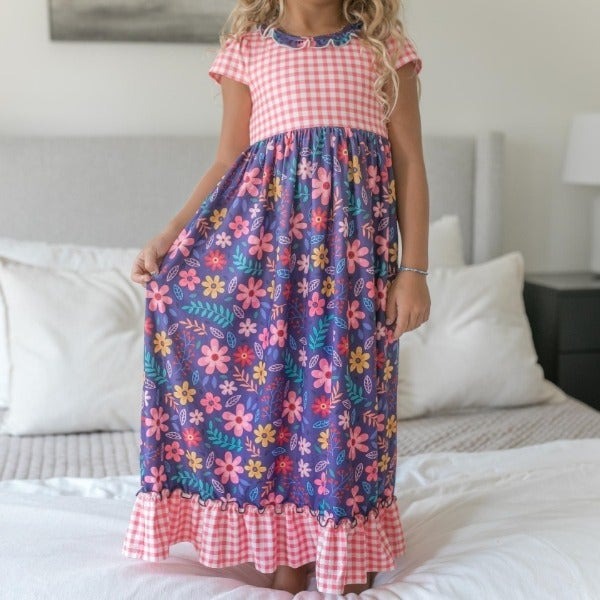 Kids Purple Blue Floral & Check Ruffle Lounge Gown Multi Size 5/6