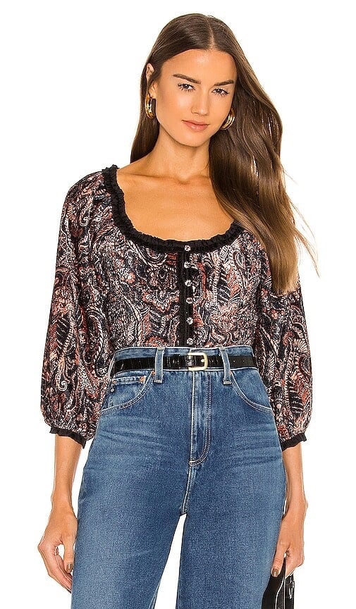NWOT Free People Dare Me Velvet Blouse in Black Combo
