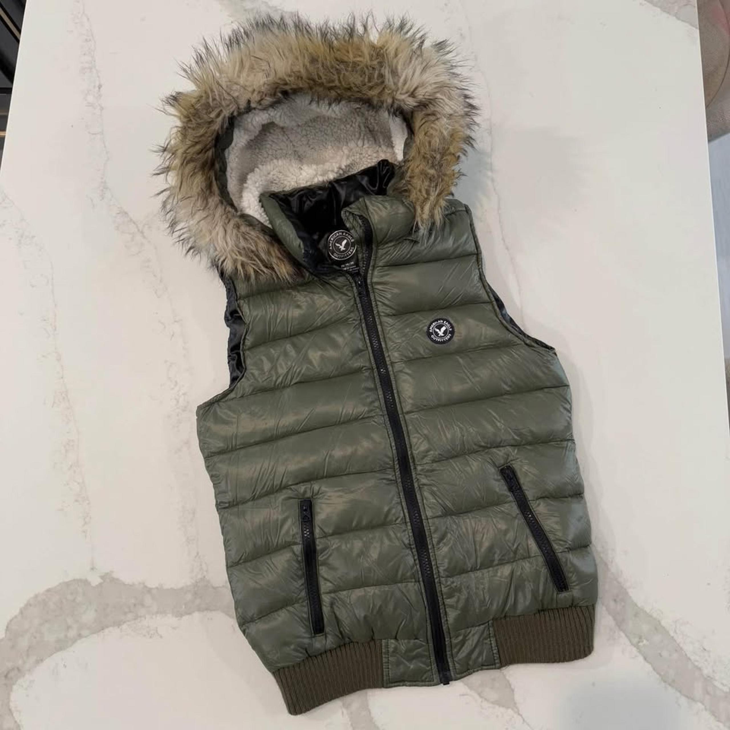 American Eagle Down Puffer Vest Faux Fur Removable Zipper Hood Women's Medium