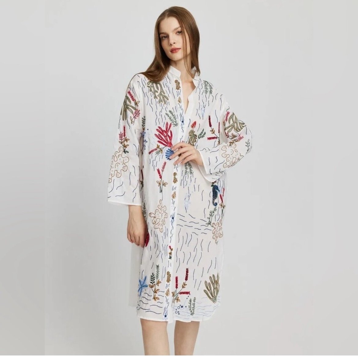 Zara Bohemian Sea Life Motifs Embroidered Seahorse Shells Whimsical Shirt Dress