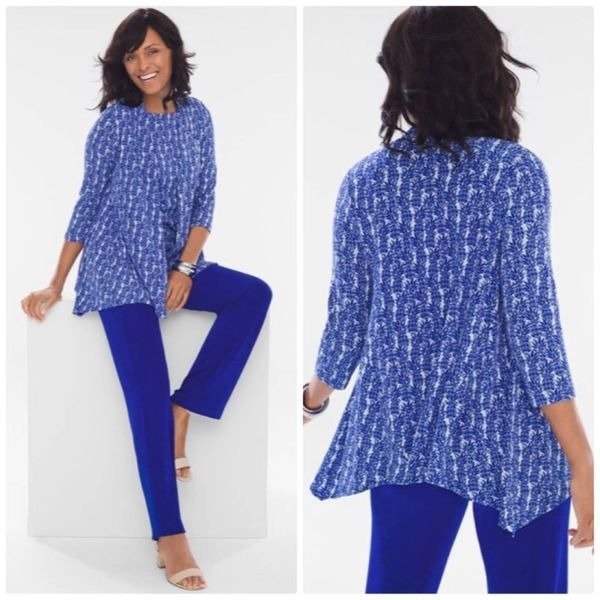 Chico’s Blue Spark Traveler Pineapple Print Open front Jacket Size 3/XL NEW