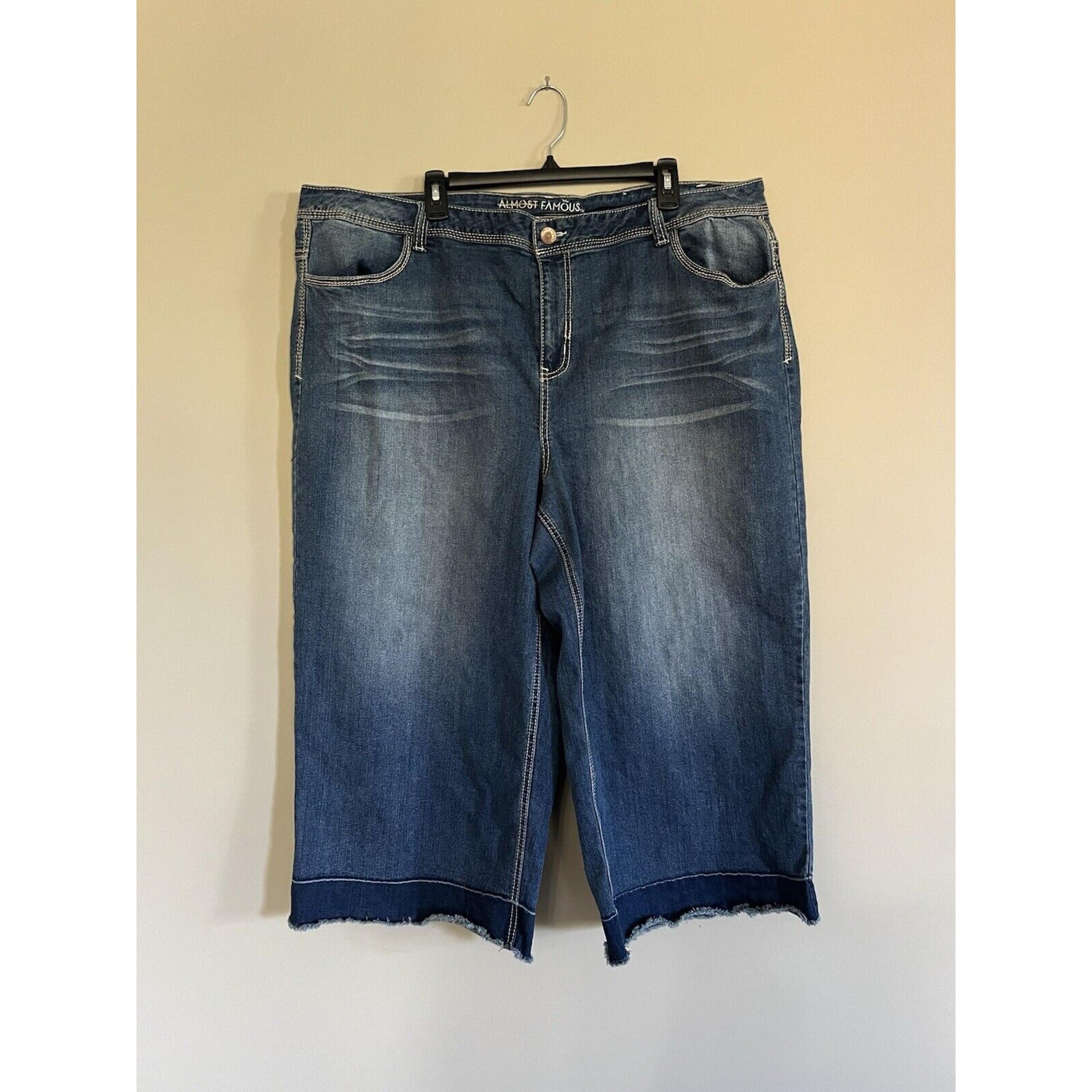 Almost Famous Wide Leg Crop Jeans Light Dark Blue Denim Fringe Size 24 PLUS