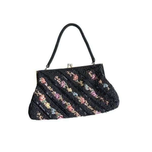 Vintage Beaded Handbag Black Beads Over Tapestry Kiss Lock Clasp Single Handle