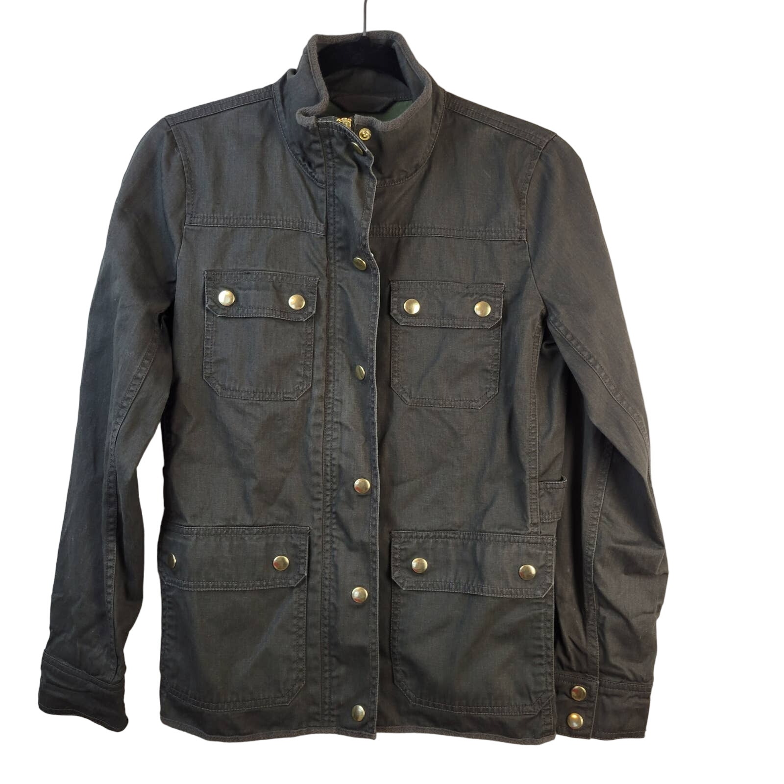 J Crew Downtown Field Jacket Women's XS Army Green Gold Zip Snap Chore Safari