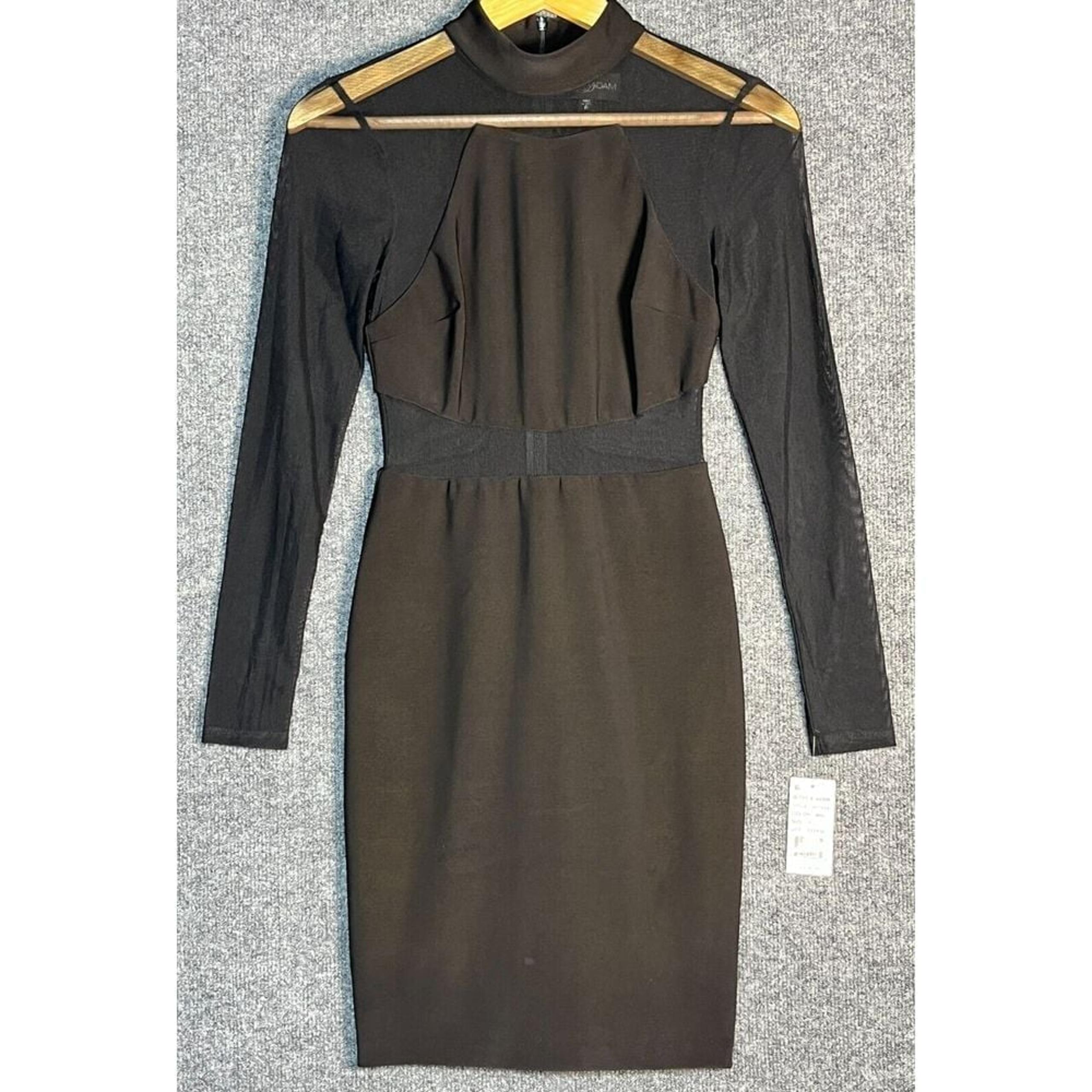 NWT Betsy & Adam Sheath Dress Knee Length Mesh Trim Mock Neck Black Women Size 0