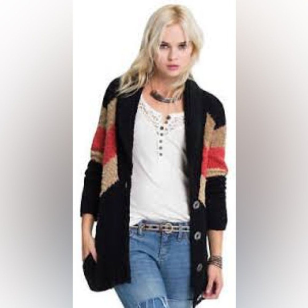 Free People Rocket High Boyfriend Cardigan Black Combo M nubby Aztec coatigan