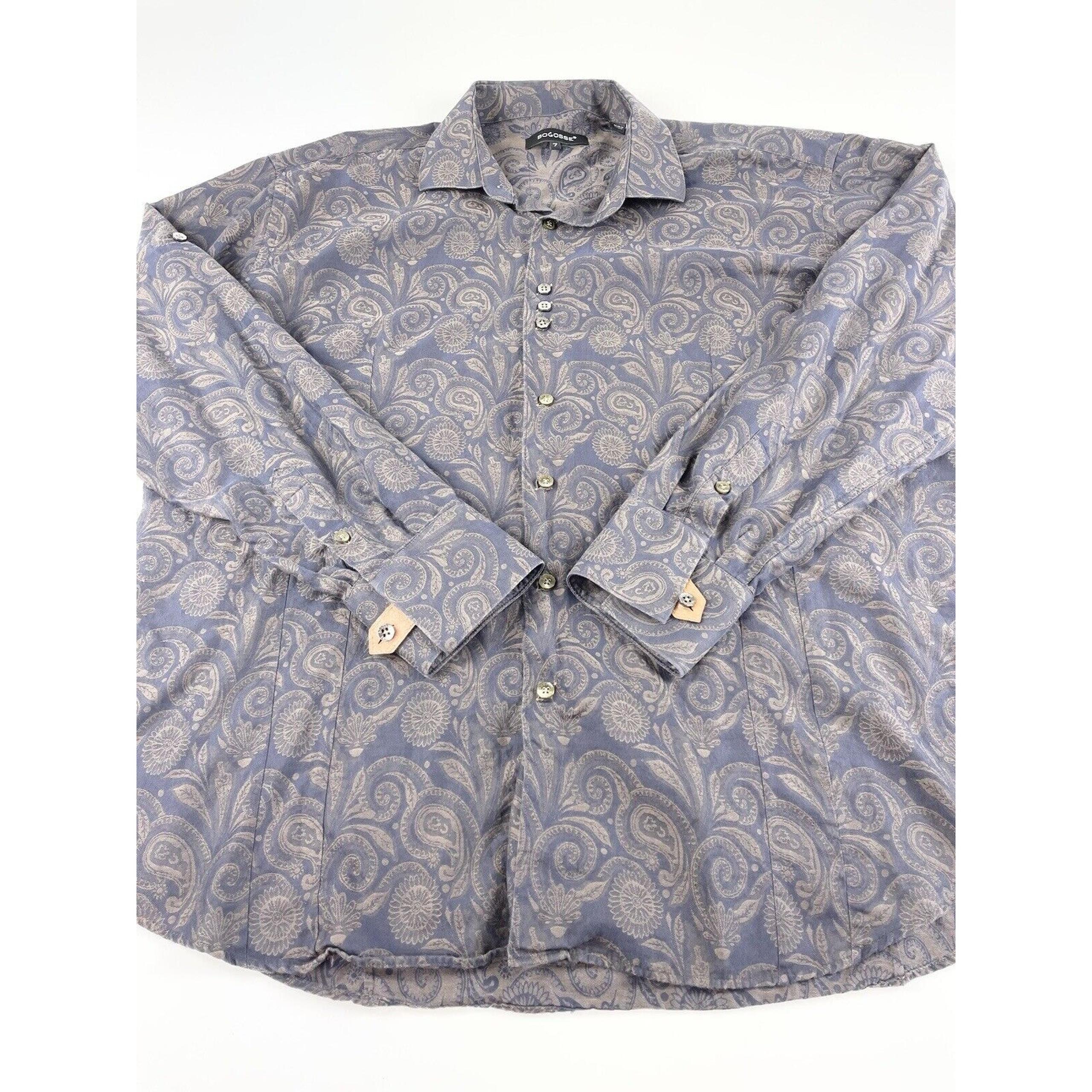 Bogosse Men's Sz 7 US Sz 3X Shirt Pierre Damask Blue Brown Button Front