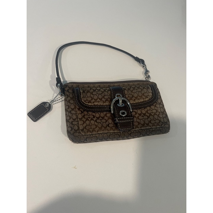 Coach Signature Brown Wristlet Clutch Purse With Leather Trim & Silver Buckle Ac