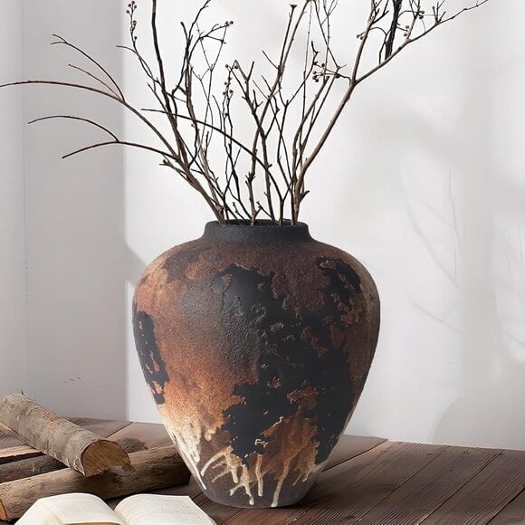 New 8.9Inch Rustic Brown Ceramic Vase for Flowers, Farmhouse Home Decor