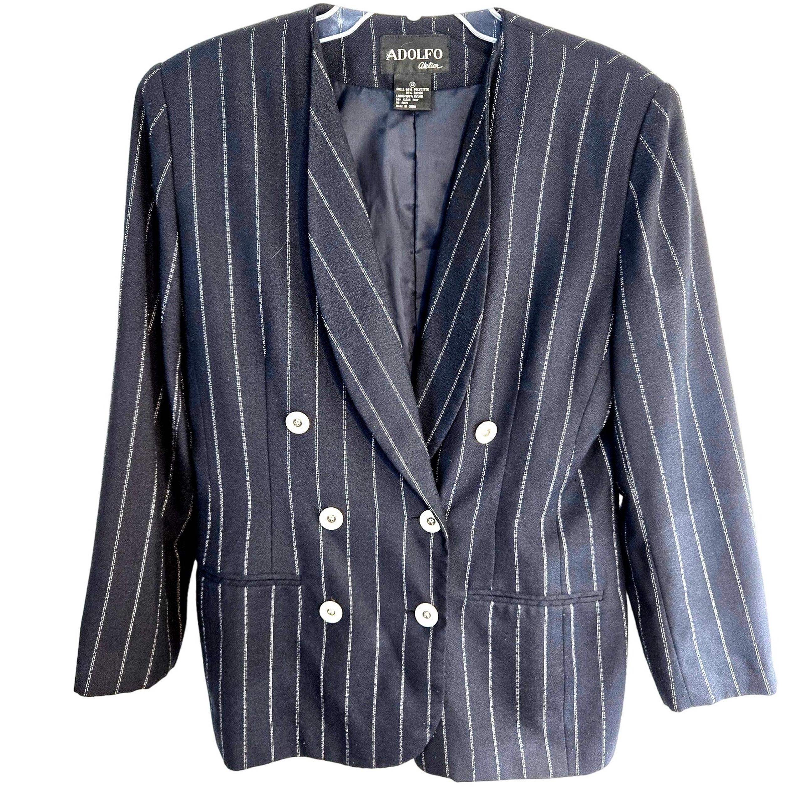 Adolfo Women's Blazer12 Black White Stripe Misses Size Large L Coat Jacket