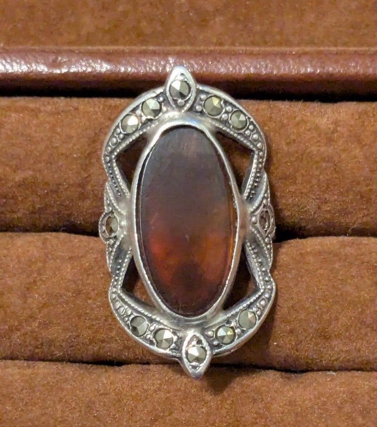 Art Deco Antique Signed Hycrest & Sterling Carnelian Amber Marcasite Ring Size 5