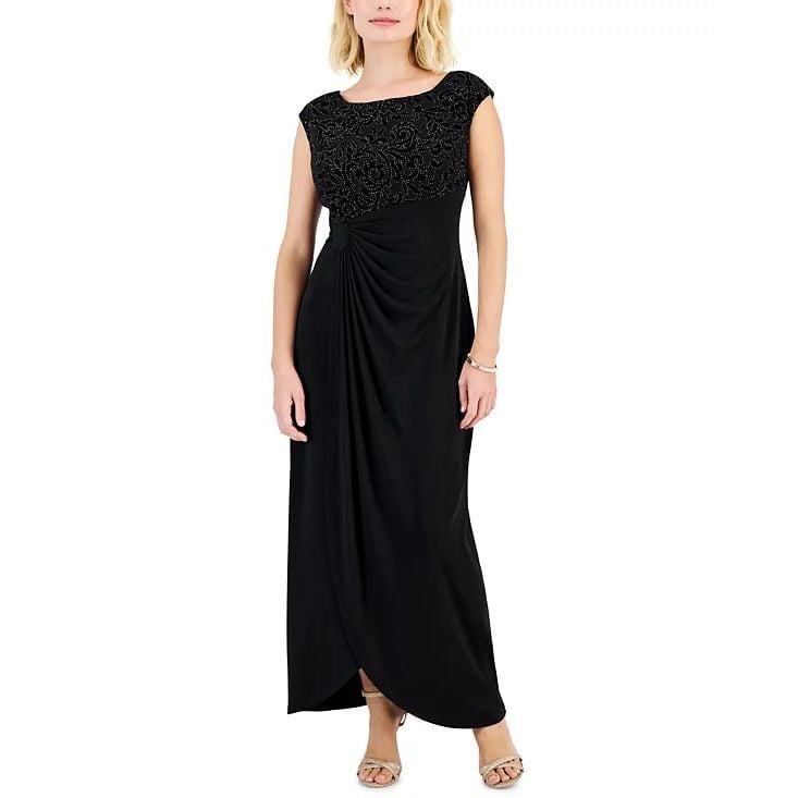 Connected Apparel Embellished Faux Wrap Dress Women 12 Black Sleeveless Cocktail