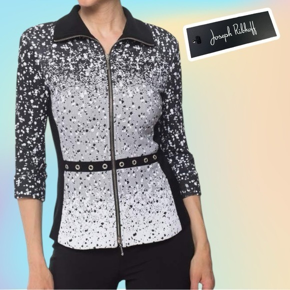 Joseph Ribkoff Black & White Stretch eyelet Accent 3/4 sleeve Jacket Sz 8