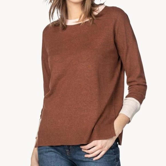 Lilla P Long Sleeve Colorblock Crewneck Brown Sweater