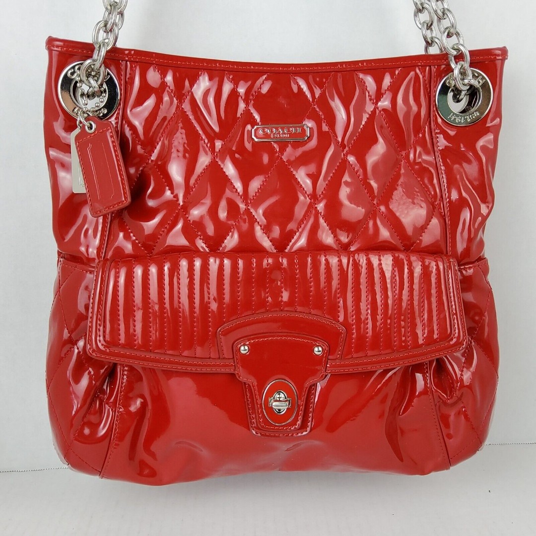 Coach 18673 Poppy Liquid Glass Quilted Shoulder Handbag Purse Red