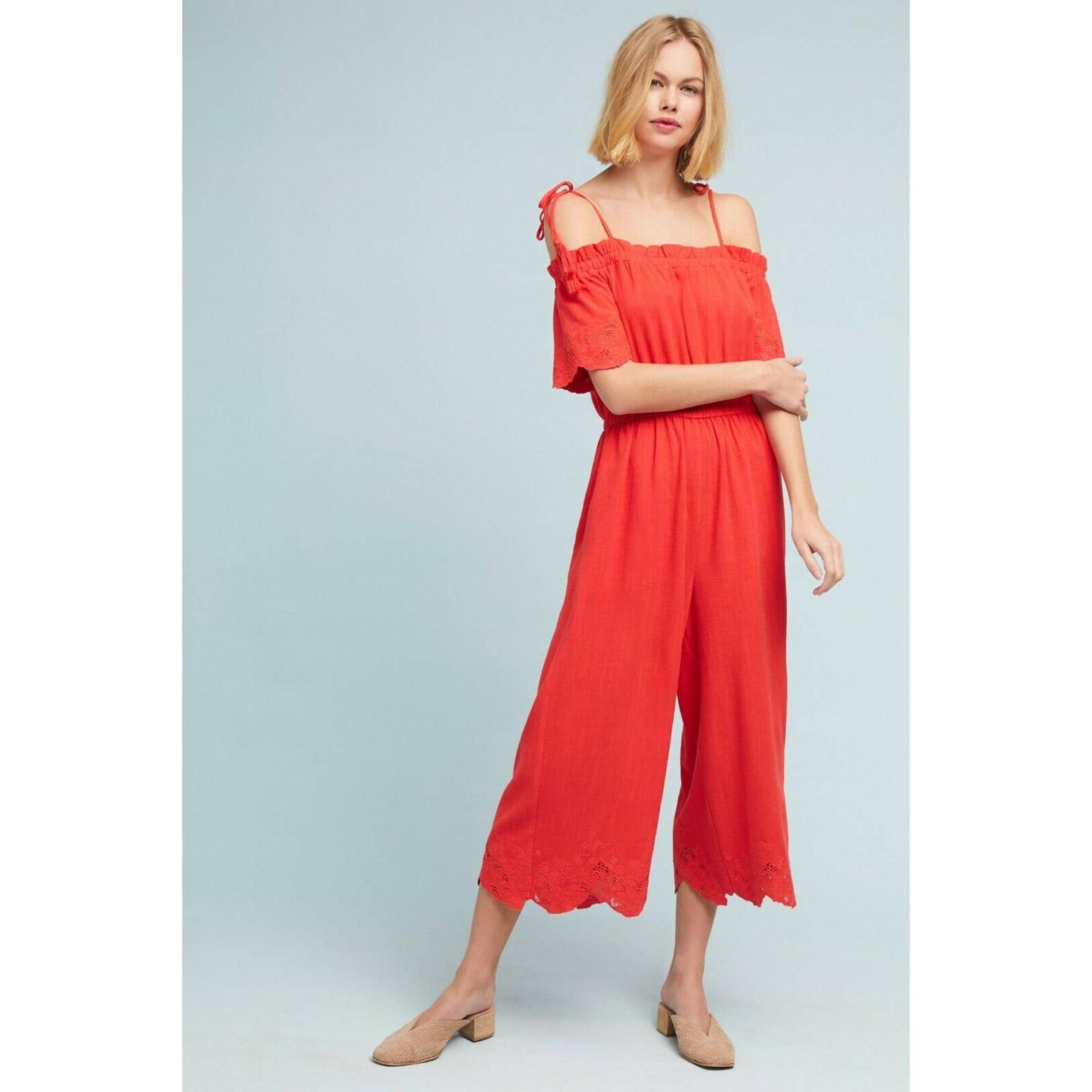 NWT Moon River Womens Off the Shoulder Wide-Leg Linen Blend Jumpsuit Size XS Red