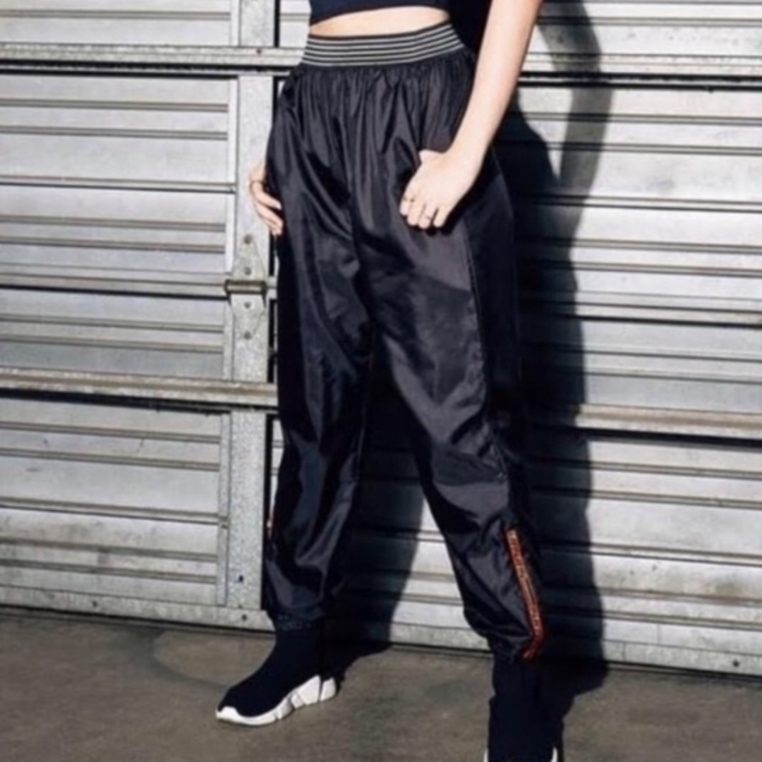 LF the Brand Los Angeles High Waisted Windbreaker Pants Black Zip Hem Joggers