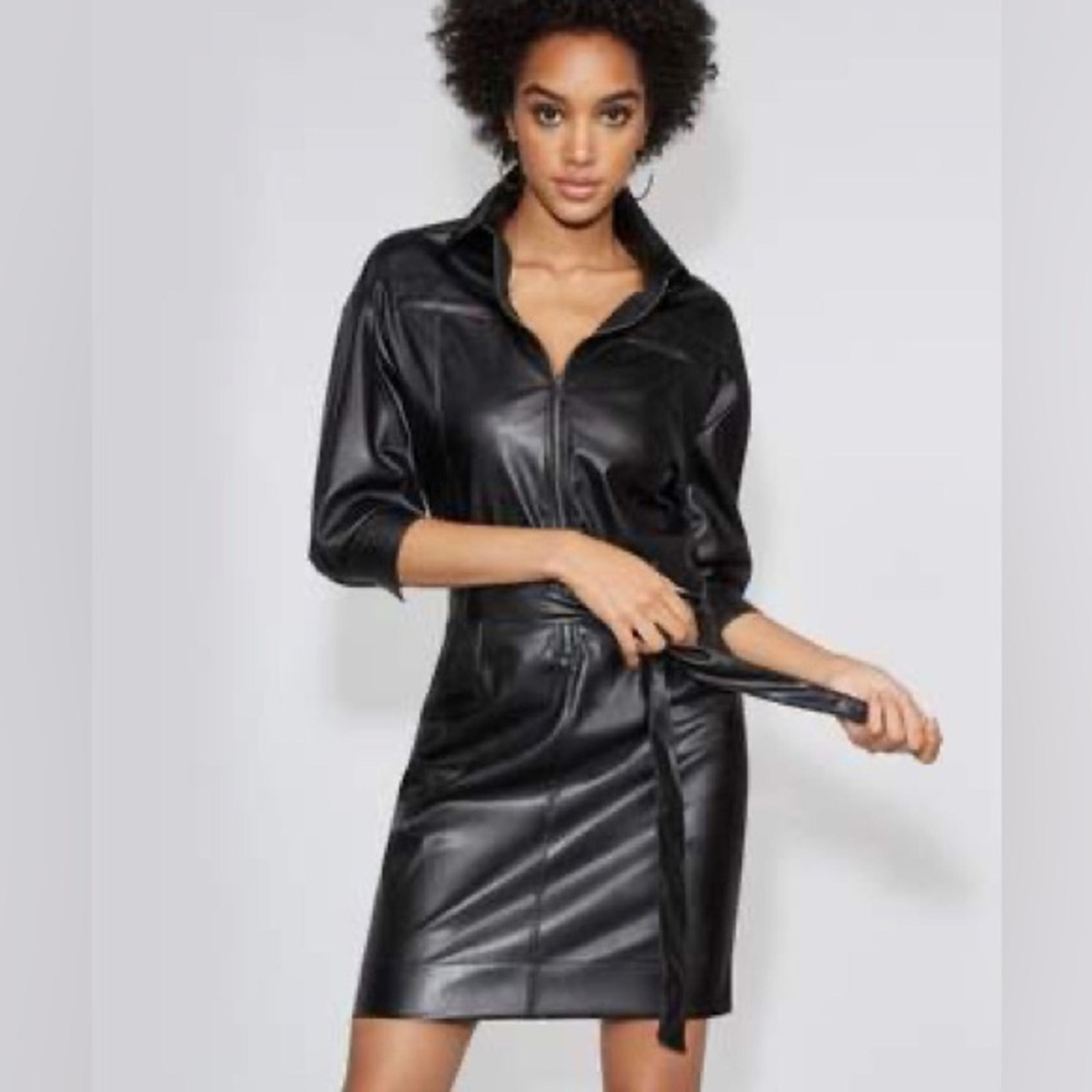 NY Co Gabrielle Union Faux Leather Belted Shirt  Zip Long SleeveDress Black XS