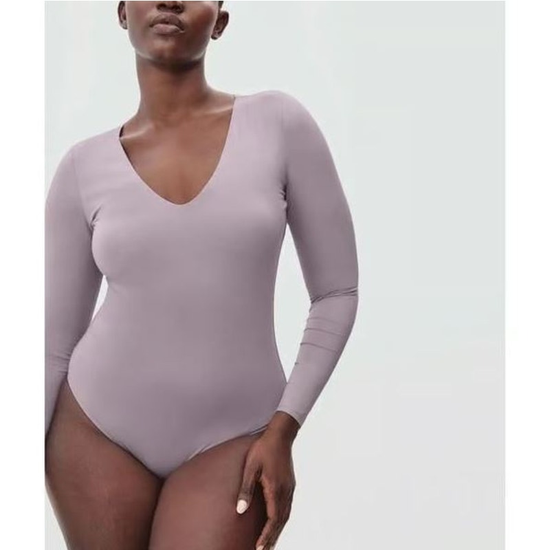 Everlane The Long-Sleeve V-Neck Bodysuit Womens Lavender Size XL Slim Bikini Cut