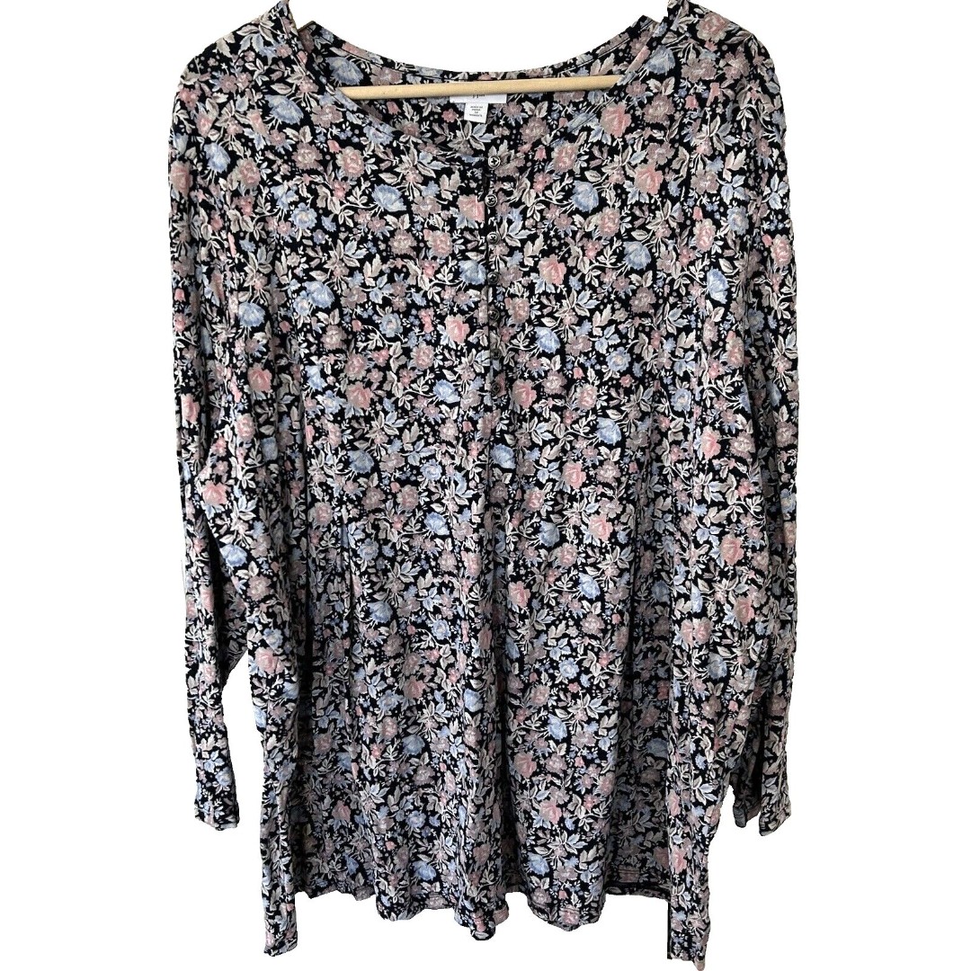 J.Jill Top Size 3x Floral Print Henley Popover Shirt Pleated Back Classic Button