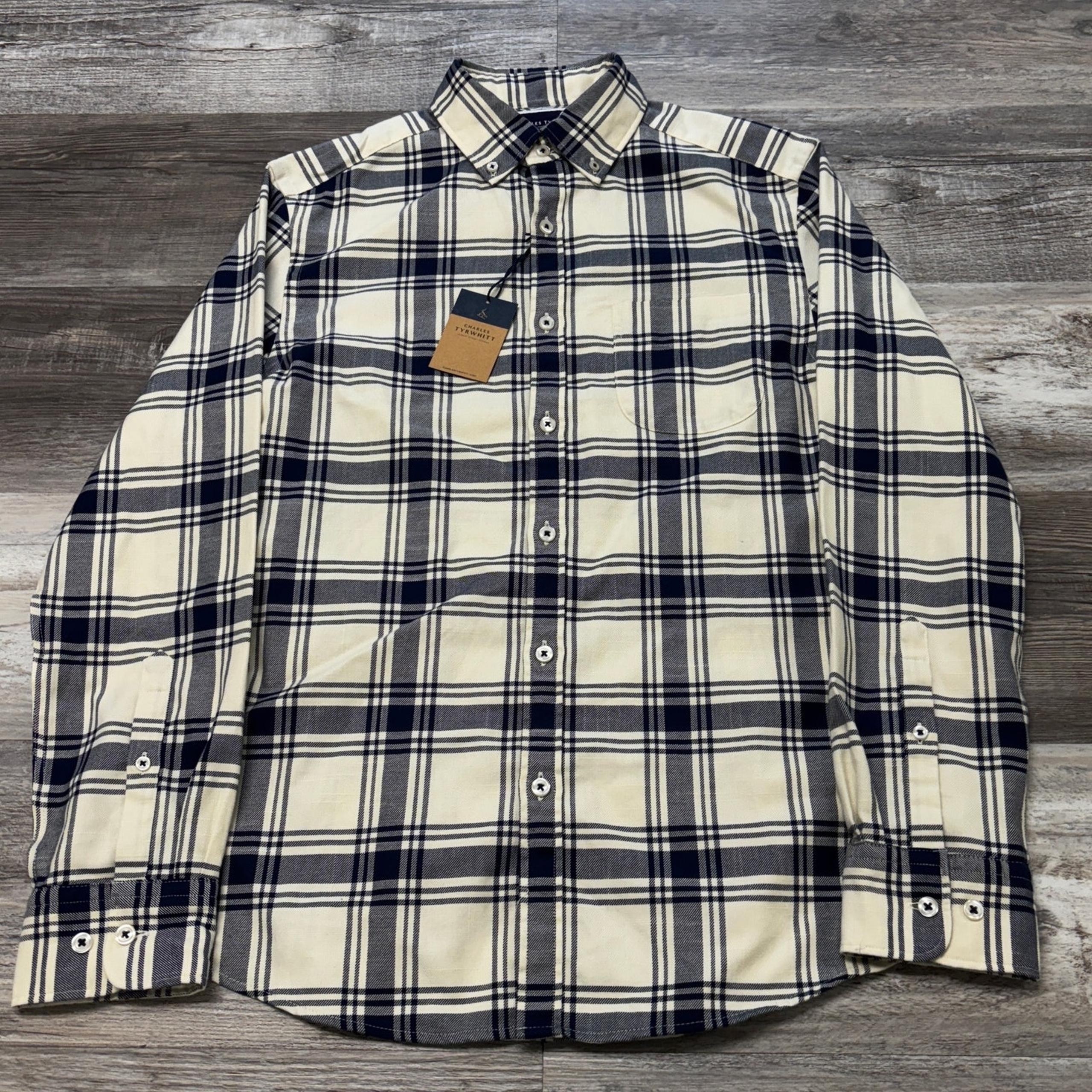 NWT Charles Tyrwhitt Cream Large Check Mens S Slim Fit Button Down Twill Shirt