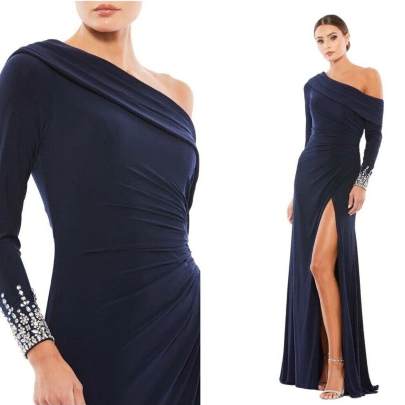 Mac Duggal 12231 Size 2 Beaded Cuff Drop Shoulder Faux Wrap Gown Midnight Blue