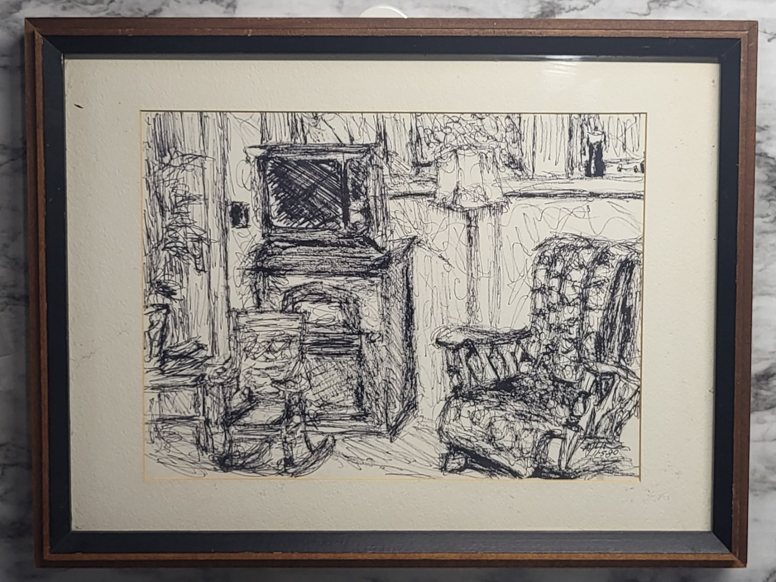 Vtg Scribble Art Paper Framed & Matted. Signed & Dated. Family Room. Cottage.