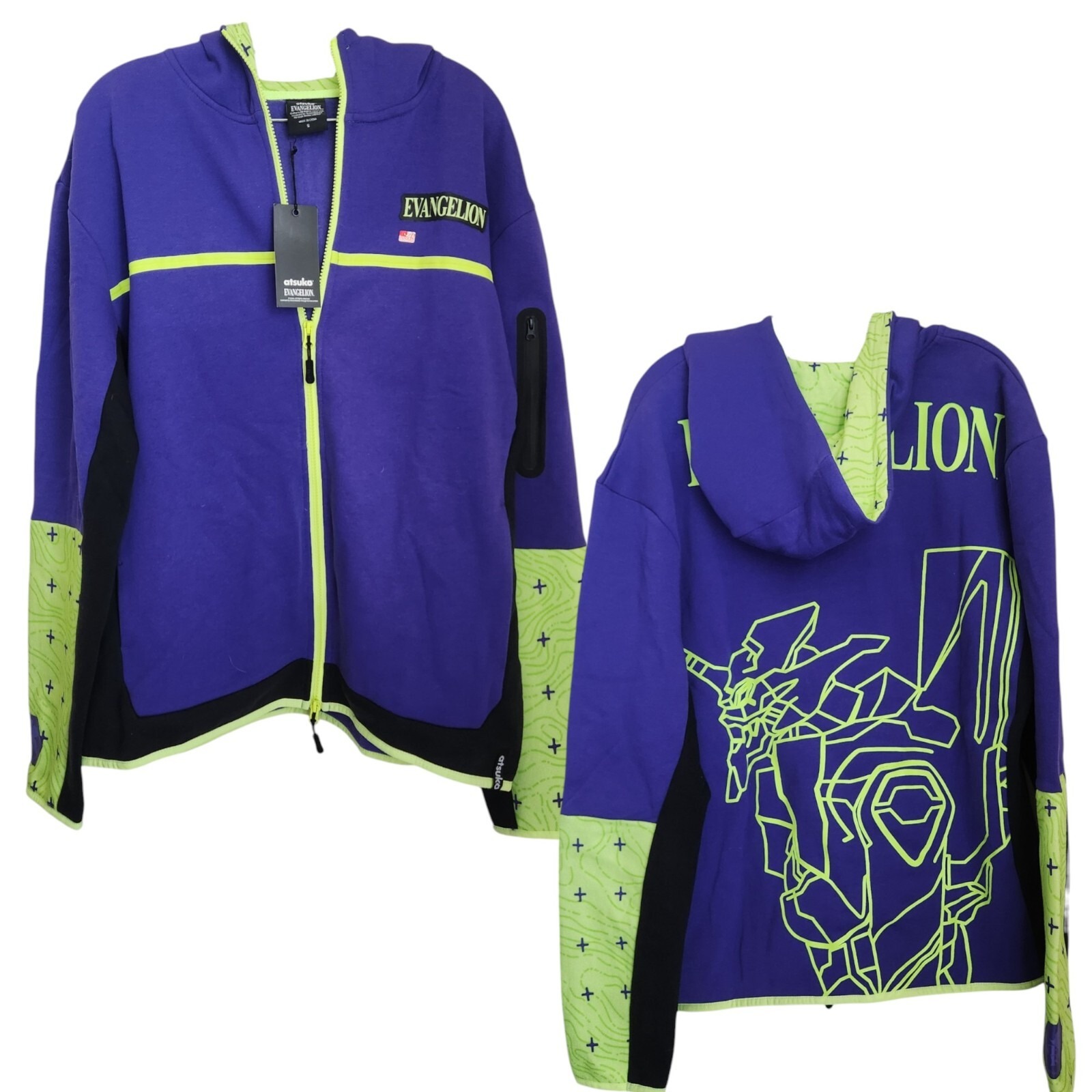 atsuko Evangelion Eva Unit-01 Contrast Zip Hoodie Jacket Size Small Fleece NWT