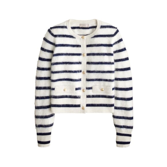 NWT J.Crew Brushed Cashmere Fitted Cardigan in Natural Navy Stripe Sweater XS