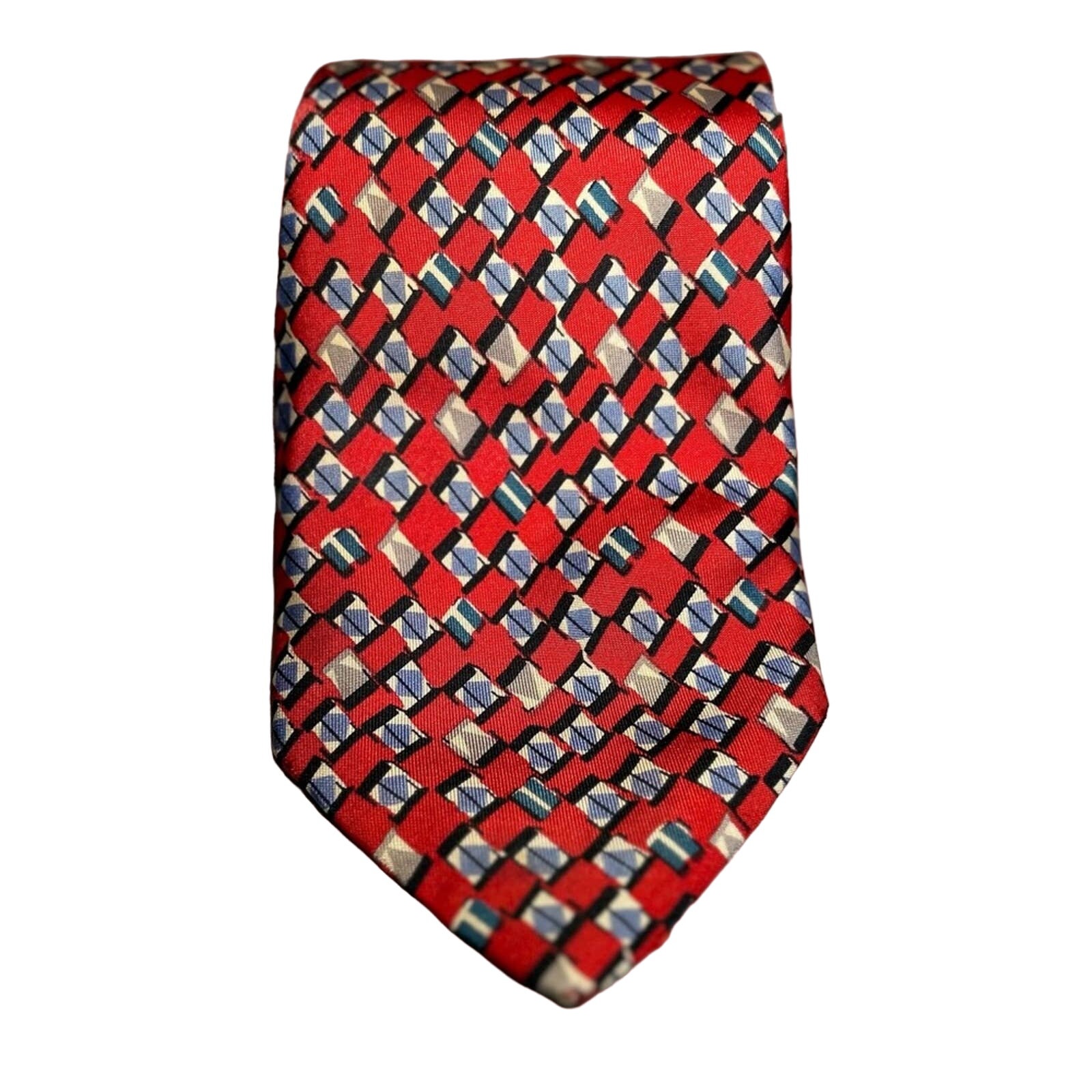 Vintage Fendi red black geometric pattern Italian silk mens designer tie 80s 90s