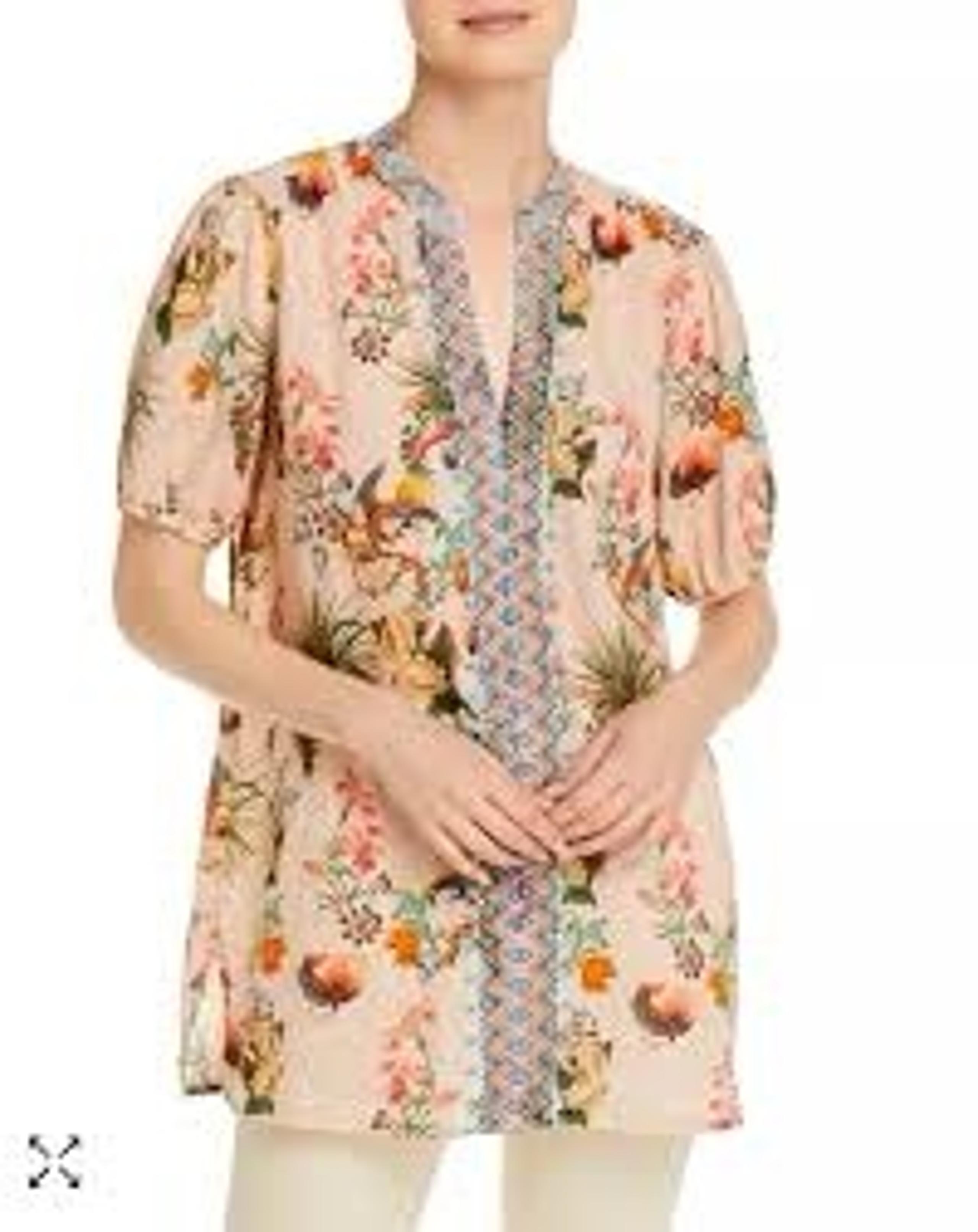 Johnny Was Workshop Puff Sleeve Embroidered Effortless Desert Print Tunic Top S