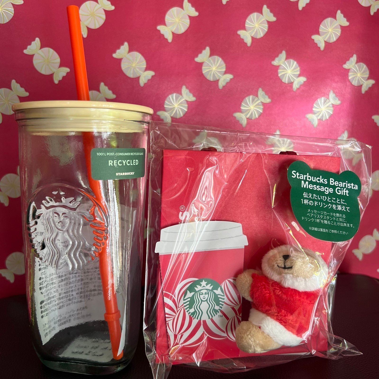 Starbucks Japan Set Glass Tumbler & Special Straw Top & Christmas Plush Bearista