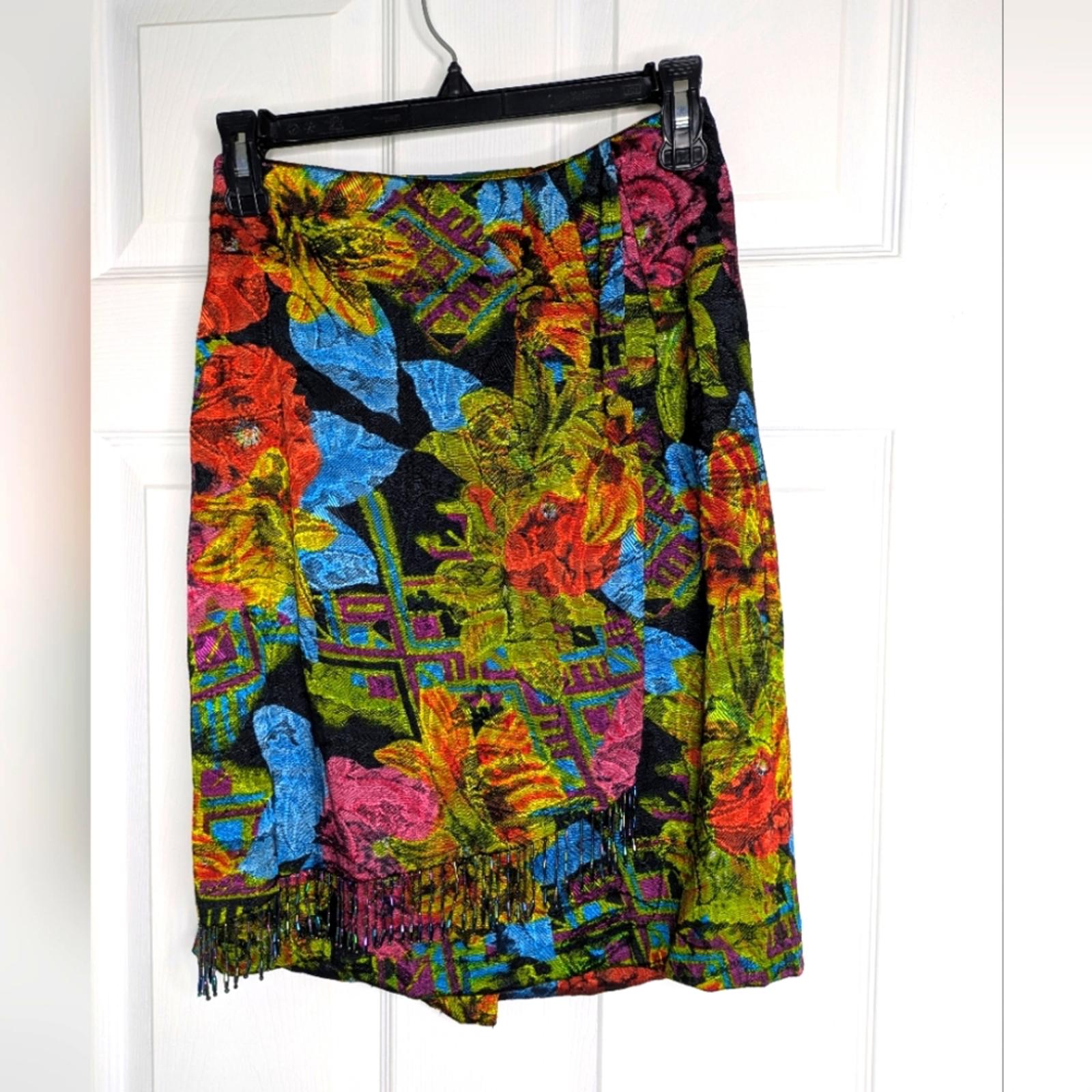 Vintage 80s Surya Beaded Faux Wrap Skirt Vibrant Colors Size Small