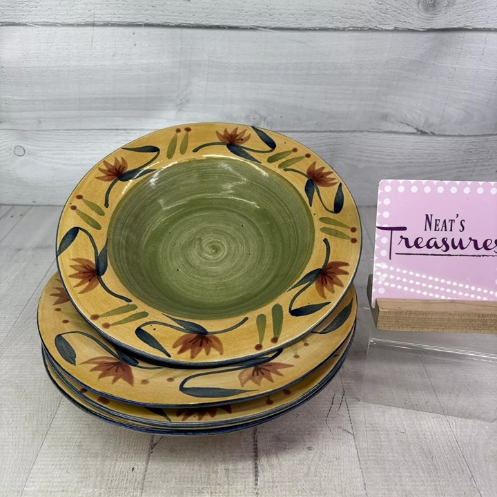 Pier 1 ELIZABETH Handpaint Green Yellow Floral Stoneware Soup Pasta Bowls Set 4